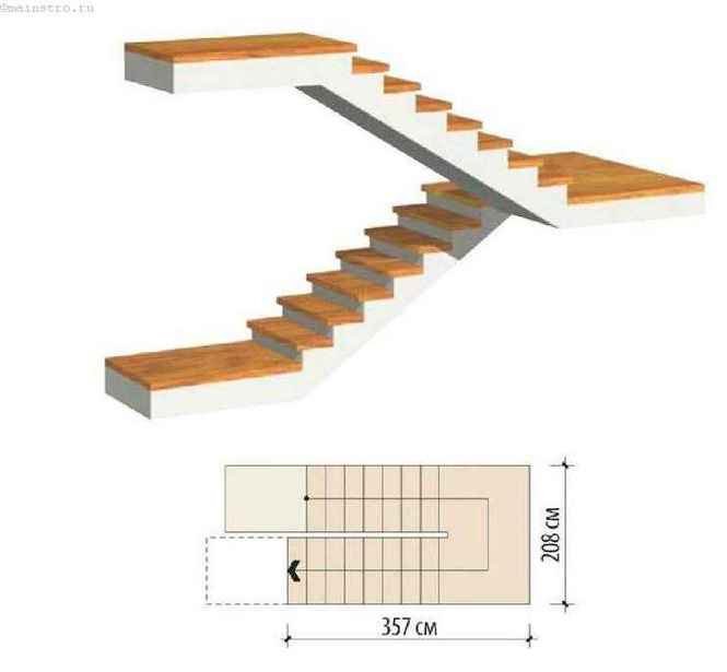 Прямая двухмаршевая монолитная лестница, в которой верхний марш  расположен параллельно нижнему