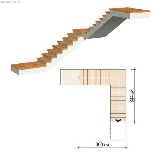 Г-образная двухмаршевая железобетонная лестница с промежуточной одной площадкой