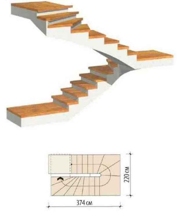 Лестница с забежными ступенями, с промежуточной площадкой